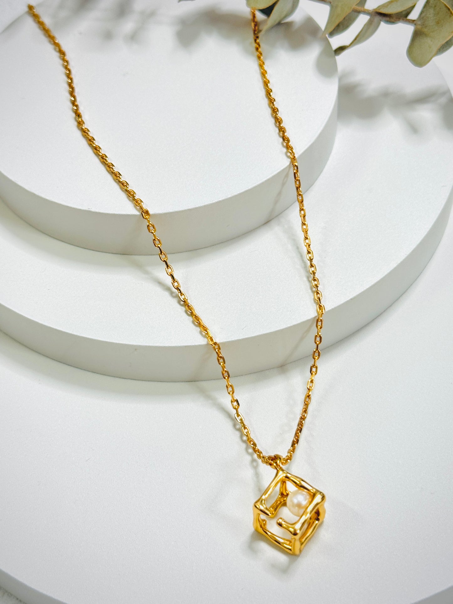 Suspended Pearl Cube Necklace