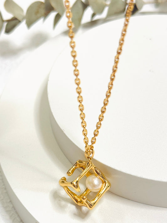 Suspended Pearl Cube Necklace